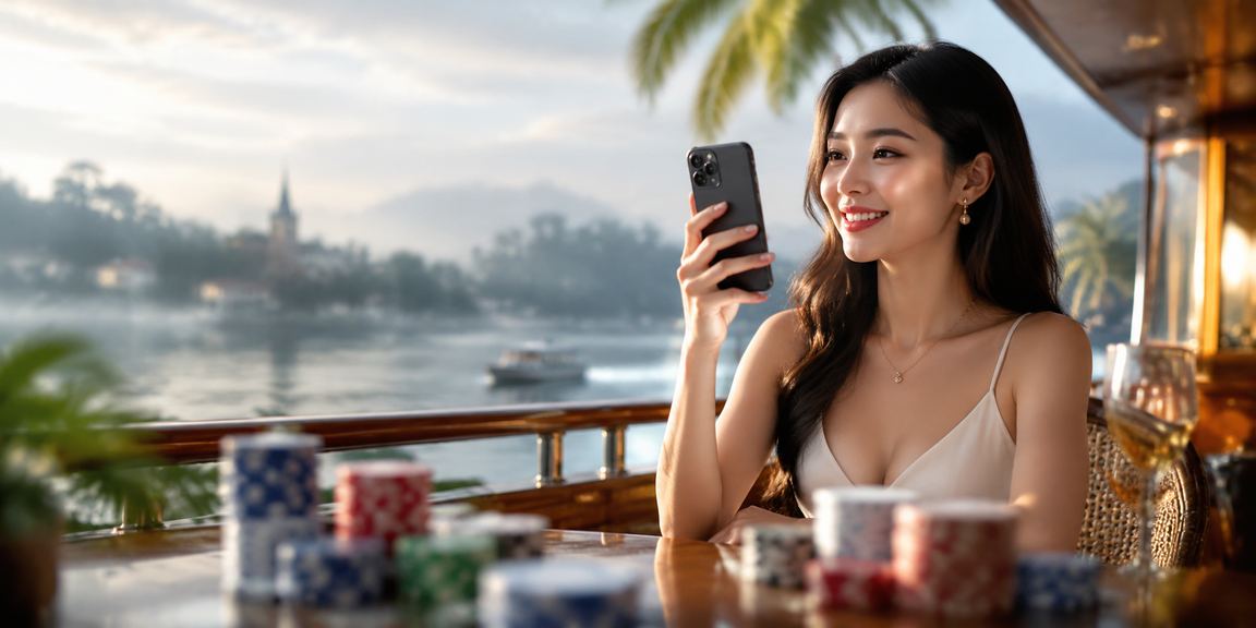 Người dùng tại Đà Lạt chơi casino trên điện thoại bên ly cà phê sáng sớm trong thời tiết mát mẻ